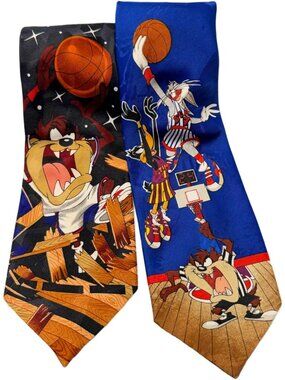 Looney Tunes Mania '96 VTG Mens Tie Lot 2x BASKETBALL Bugs Bunny Daffy Tasmanian